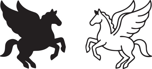 pegasus, winged horse, horse, flying, wings, myth, mythology, greek, ancient, silhouette, outline, vector, illustration, drawing, black, white, 