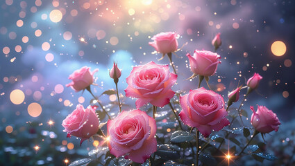 Dreamy Pink Roses with Dewdrops and Magical Sparkling Bokeh