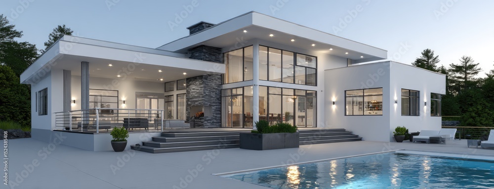 Poster luxurious poolside setting highlights a modernist home with olive trees and ambient lanterns in a tr