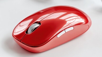 Close-Up of a Red Wireless Computer Mouse on a White Surface, Symbolizing Productivity and Modern Technology Solutions for Business : Generative AI