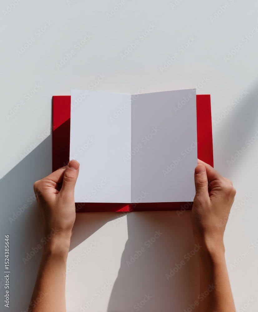 Poster hands holding open blank red card on white table, ideal for invitations and personalized greetings, 