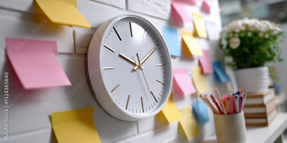 Aufkleber Clock Surrounded by Colorful Sticky Notes, Representing Time Management, Productivity and Deadline Tracking in a Modern Workspace : Generative AI