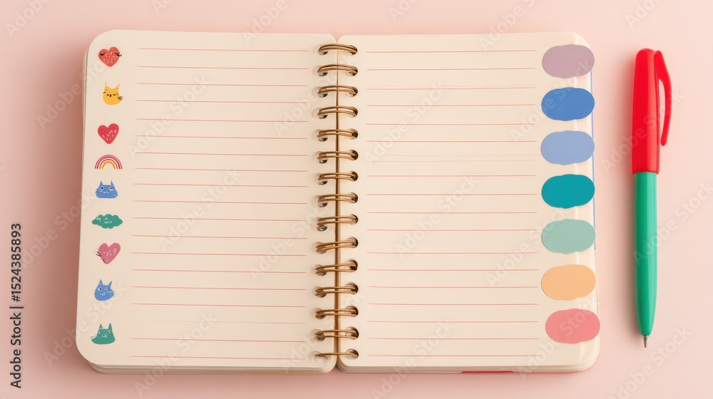 Poster open notebook with colorful stickers and pen on pink background, ideal for planning and organization