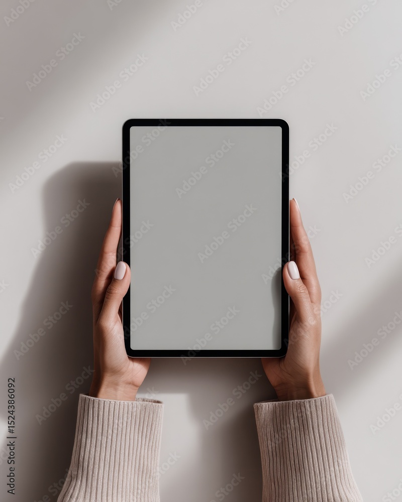 Poster woman holding tablet with blank screen in minimalist setting, ready for digital marketing and conten