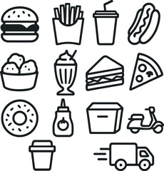 fast food icons including burger, fries, hotdog, pizza, milkshake, donut, and delivery vehicle in modern line style for food services.