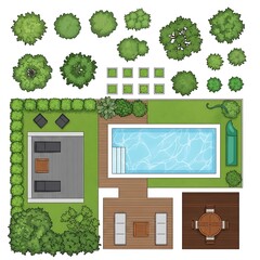Overhead view of a modern backyard landscape design with pool and patio