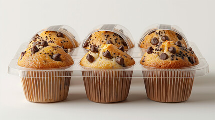 transparent muffin box with bakery branding label, includes four muffins, product mockup on white background