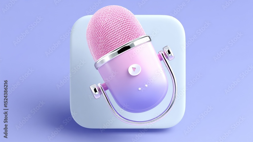 Poster pink podcast microphone icon on soft blue background, symbolizing digital communication and modern m