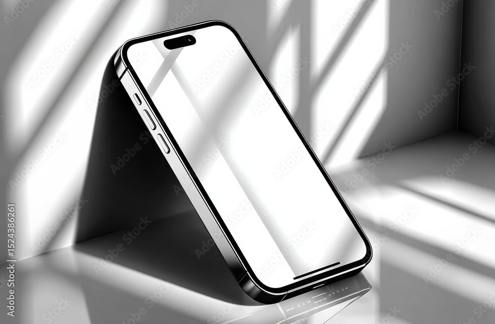 Poster sleek smartphone mockup leaning against wall in bright light, ideal for mobile app advertising and d