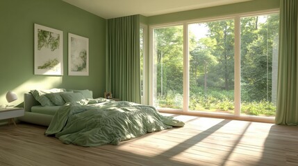 Modern bedroom with large windows and green walls, green curtains on the windows, wooden floor, soft bed linens in pastel colors