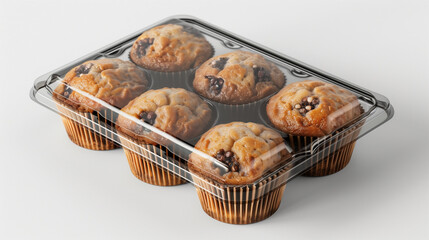 transparent muffin box with bakery, includes four muffins, product mockup on white background