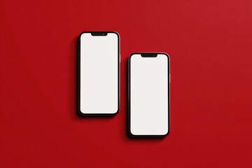 Two Smartphones With Blank White Screens on Red Background, Ideal for Mobile App Advertising and Digital Marketing Campaigns : Generative AI