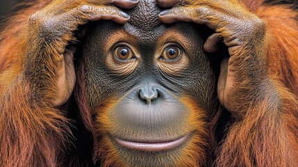 Portrait of an orangutan with hands covering its eyes, a humorous animal portrait