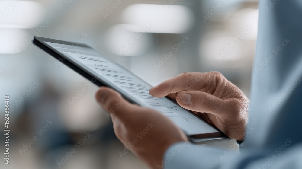 Aufkleber Man's Hands Using Tablet for Digital Document Signing, Showcasing Remote Work and Modern Technology in Business Contracts : Generative AI