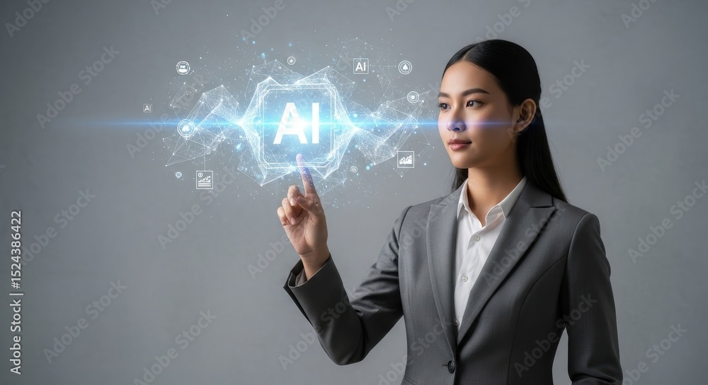 Poster asian woman touching virtual screen. artificial intelligence concept interface. business technology 