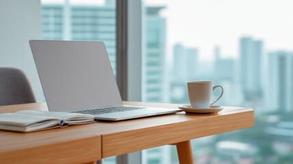 Laptop and Coffee Cup on Wooden Desk Near Window, Representing Remote Work and Flexible Lifestyle, Ideal for Productivity and Workplace Wellness : Generative AI