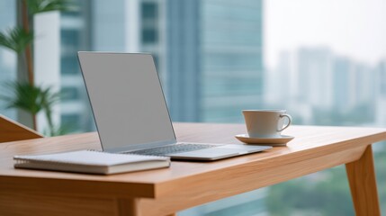 Laptop and Coffee Cup on Desk in Modern Office, Ideal for Remote Work and Productivity, Representing Digital Lifestyle and Online Learning : Generative AI
