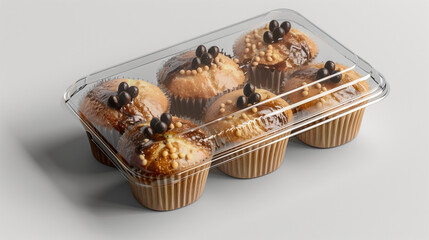 transparent muffin box with bakery, includes four muffins, product mockup on white background