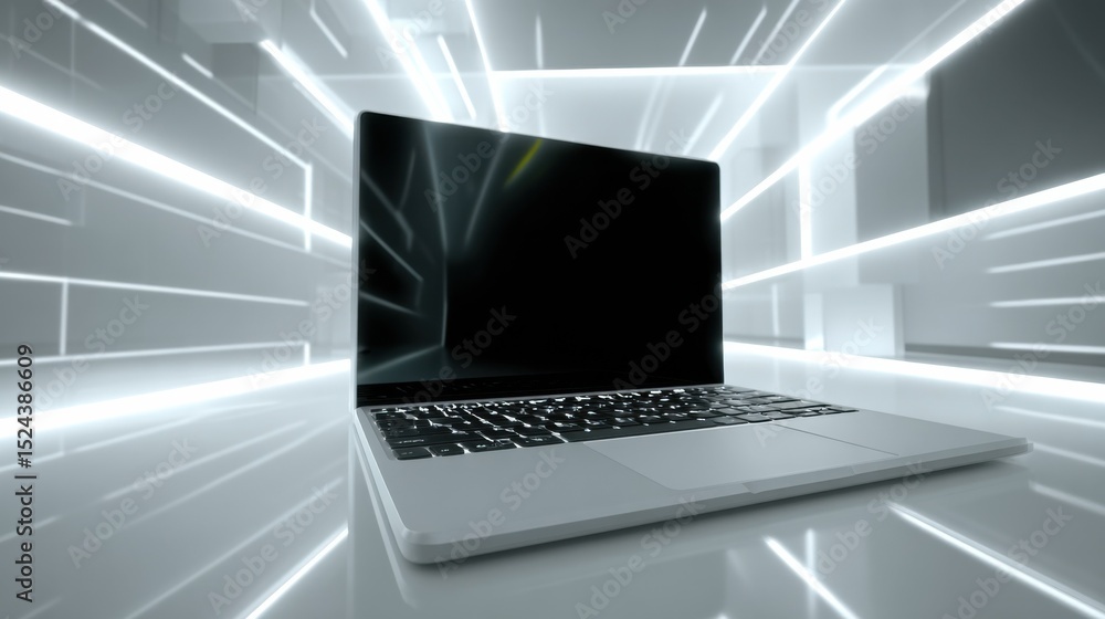 Poster Laptop Computer in Futuristic White Room With Glowing Lines, Symbolizing Innovation and Digital Transformation in Technology : Generative AI