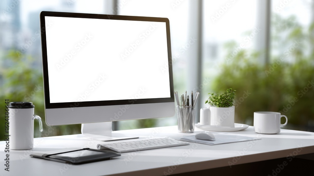 Poster Modern Computer on Desk With Blank Screen, Representing Productivity and Digital Workspace Solutions for Remote Work and Online Education : Generative AI