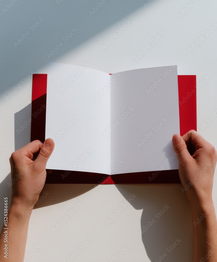 Poster hands holding open blank red book in bright sunlight, ideal for journaling and creative writing proj