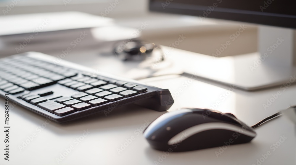 Poster Black Keyboard and Mouse on White Desk, Representing Modern Workplace Productivity and Technology Solutions for Business and Remote Work : Generative AI