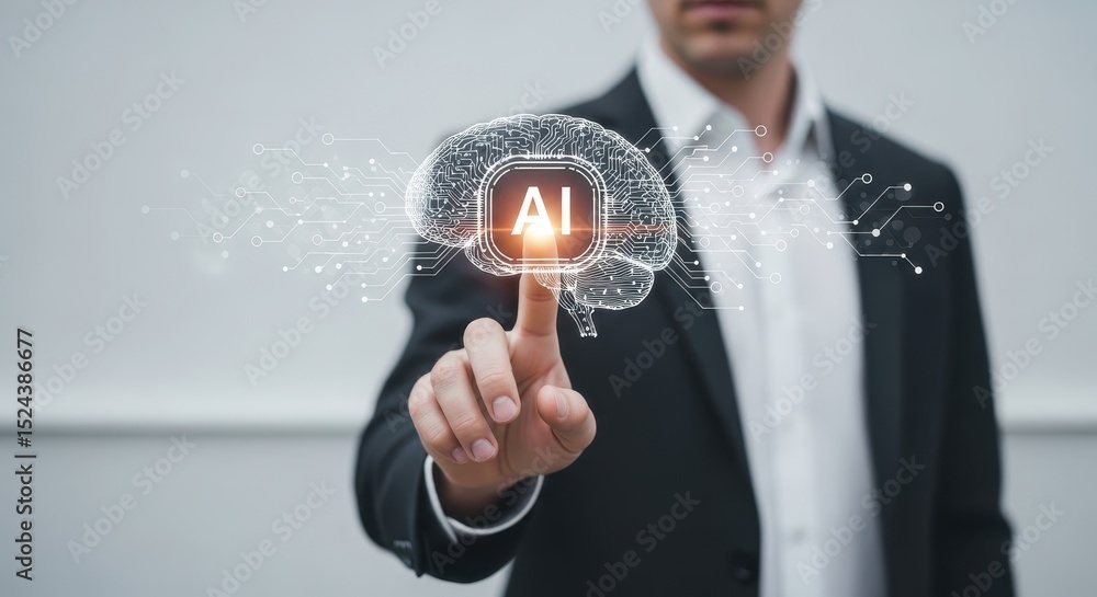 Poster man finger pointing brain with light bulb icon and ai lettering. artificial intelligence and machine