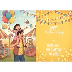 Happy Father's Day Card: A daughter sits on her father's shoulders at a funfair.