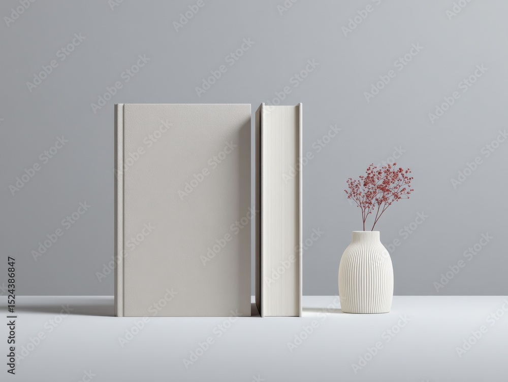 Poster two books and vase with flowers on white surface, representing knowledge and minimalist home decor f