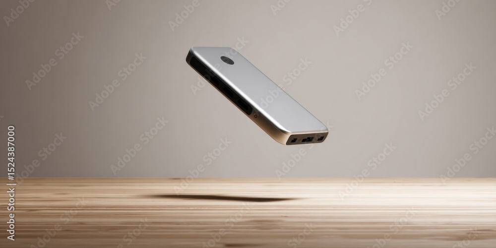 Poster floating silver portable hard drive above wooden surface, showcasing data storage and technological 