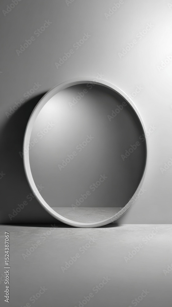 Poster minimalist white circle frame against gray wall, ideal for product presentation and creative solutio