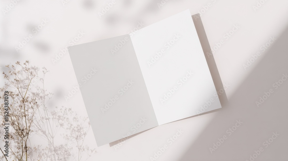 Poster blank greeting card mockup with dried flowers and soft shadows, perfect for invitations and personal