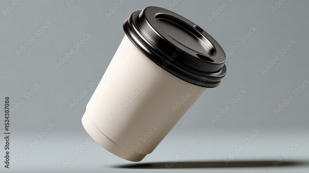Poster floating coffee cup mockup with black lid against gray background, ideal for branding and product pr