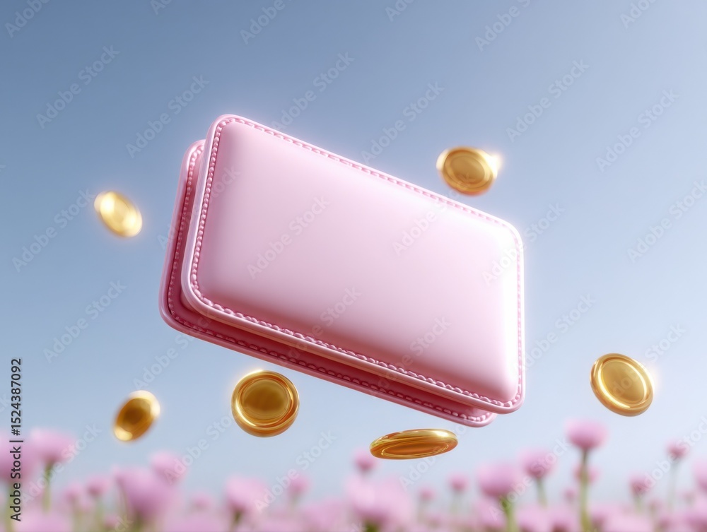 Poster pink wallet surrounded by gold coins floating in a field of flowers, representing wealth management 