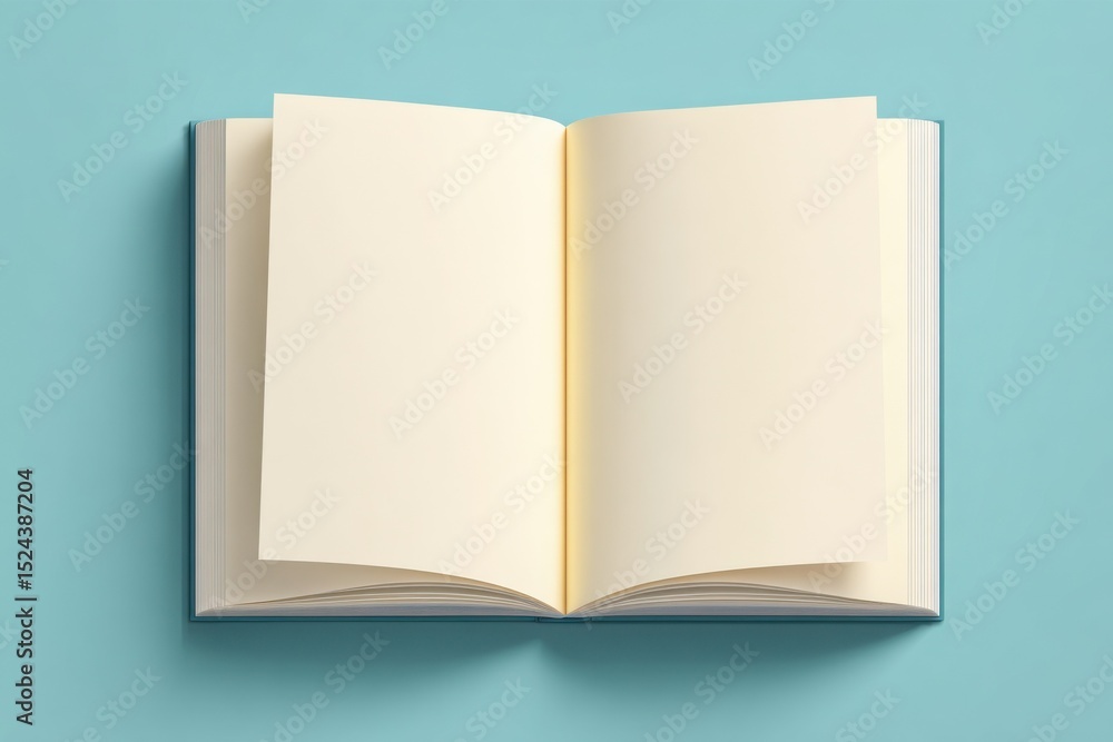 Poster open book with blank pages on blue background, ideal for education or creative writing projects, rep