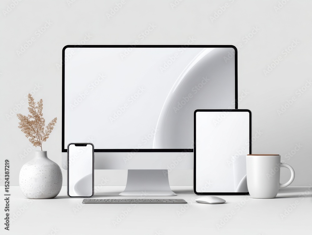 Poster modern workplace mockup featuring computer, tablet, and smartphone on white desk, displaying product