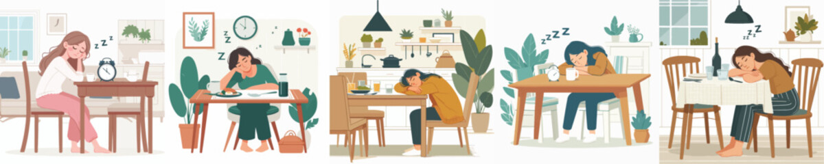 vector character woman falling asleep at the dining table