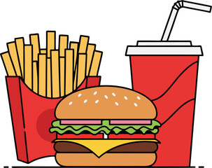 Flat Vector Fast Food Combo with Burger, French Fries, and Soda in Red Packaging