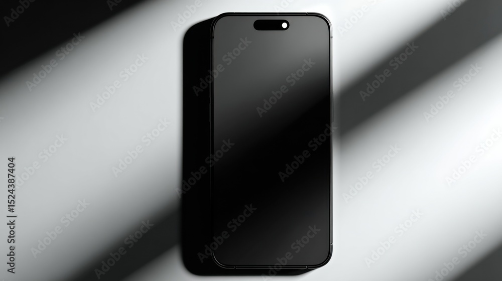 Poster sleek black smartphone on white surface with dramatic lighting, ideal for mobile app advertising and