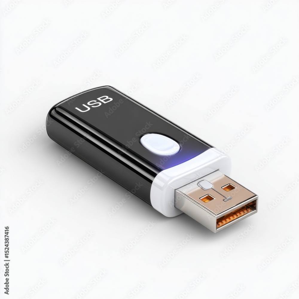 Poster sleek black usb drive on white surface, showcasing data storage and portable technology solutions fo