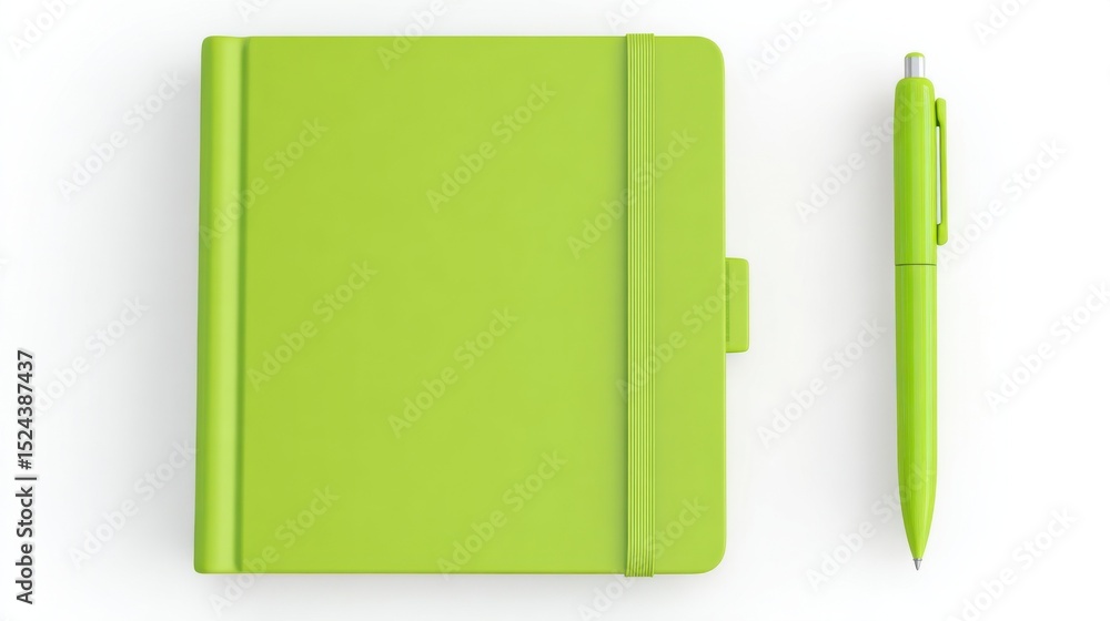 Poster lime green notebook and pen on white background, representing organization and creative writing for 