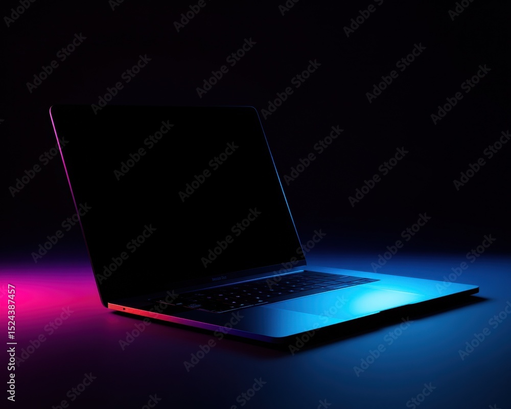 Fototapete Laptop Computer Displayed With Neon Lighting, Illustrating Modern Technology and Digital Transformation in Business and Creative Fields : Generative AI
