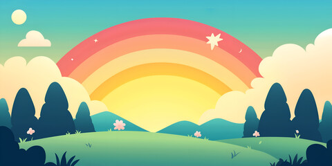 A landscape with a rainbow arcing across the sky