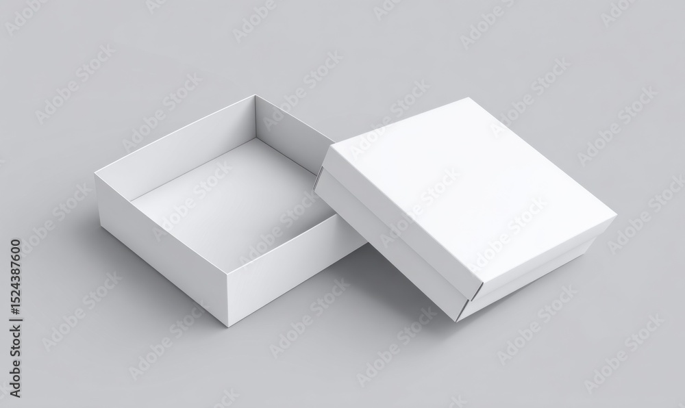 Poster open white box on gray surface, ideal for product packaging mockups and unboxing experience visuals 