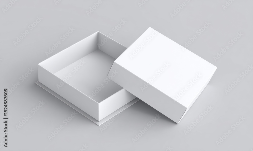 Aufkleber open white box on gray surface, symbolizing unboxing experience and product presentation for e-comme