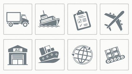Global Logistics and Transportation Icons Truck, Ship, Airplane, Checklist, Warehouse, and More