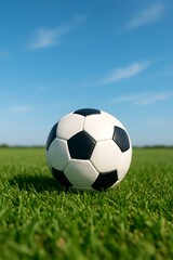 Fototapeta premium Soccer ball on green grass under blue sky
