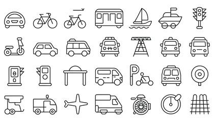 vector illustration features a comprehensive travel icons set with various transportation symbols like car, truck, bus, train, airplane, ship, taxi, plane, bike, and motorcycle designs