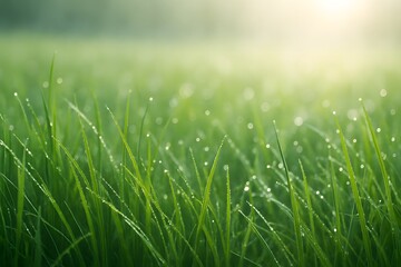 Obraz premium Dew drops on lush green grass in morning sunlight