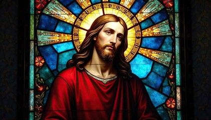 Naklejka premium Vibrant stained glass window depicting a serene Christ, radiating light and symbolic colors Perfect for religious themes, Easter, Christmas, or inspirational projects , light, easter, ascension